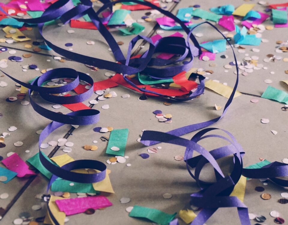 ribbons and confetti on floor